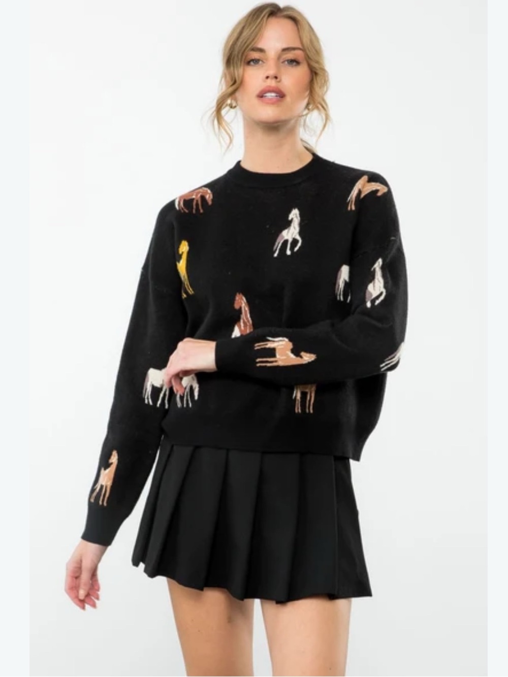 THML Black Horse-Print Crewneck Sweater